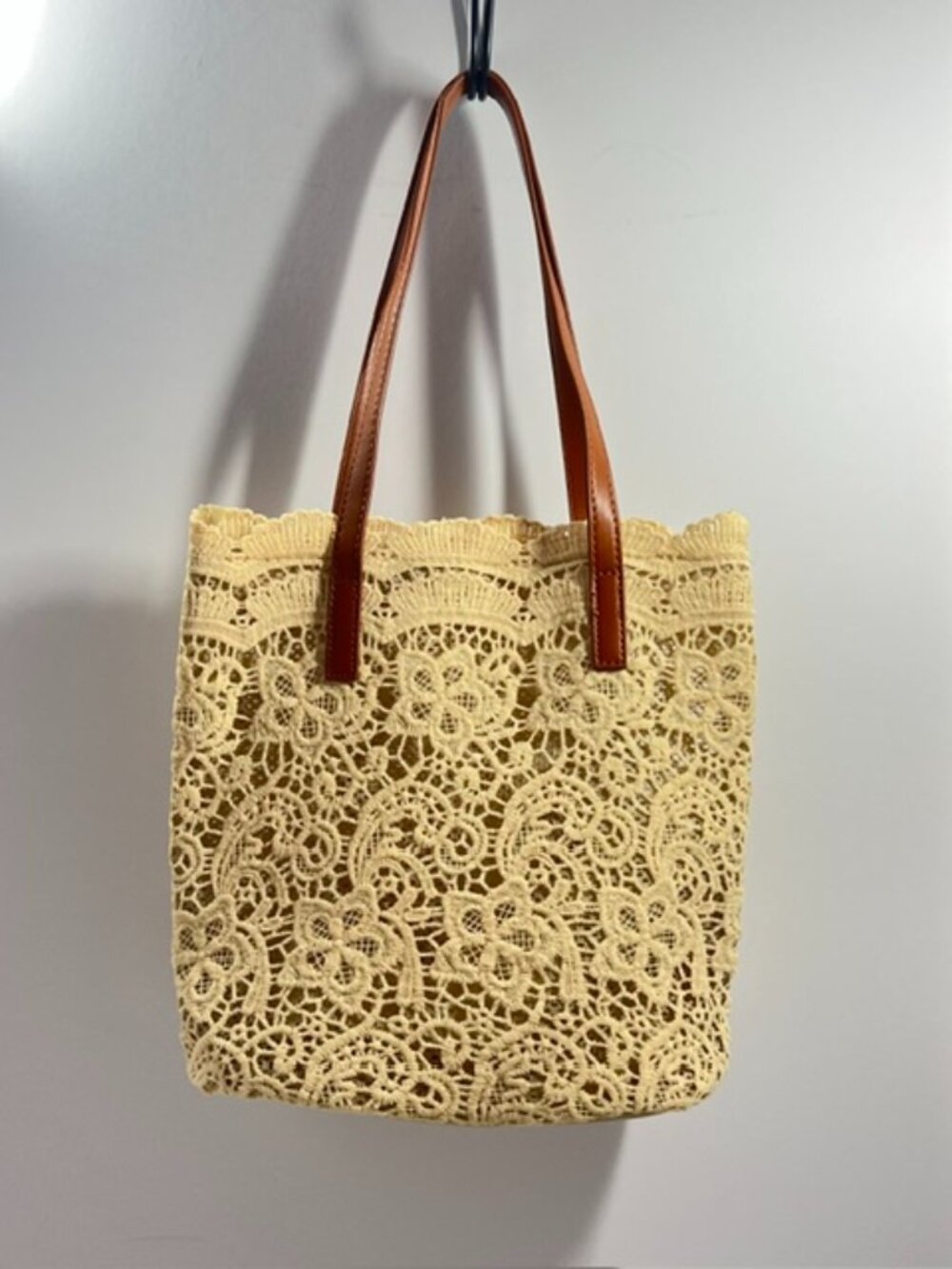 Lacey Tote Bag Lightweight Shoulder Tote Bag Floral Lace Cream Tan Vinyl Straps